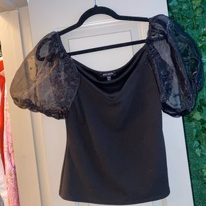 Black mesh puff sleeve blouse